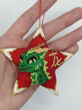 Handmade Red Beaded Star Ornament with Green Dragon Motif